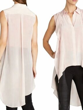 BCBG MAX AZRIA 100% Silk Bare Pink Kaley Sheer Sleeveless High Low Tunic Top XXS